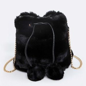 Faux Fur Pom Pom Bucket Bag Black